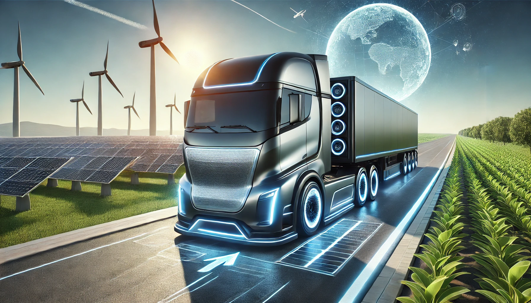 dall·e 2025 01 04 23.20.30 a futuristic and sleek design of a full electric heavy duty vehicle, showcasing advanced technology and eco friendly features. the image should includ